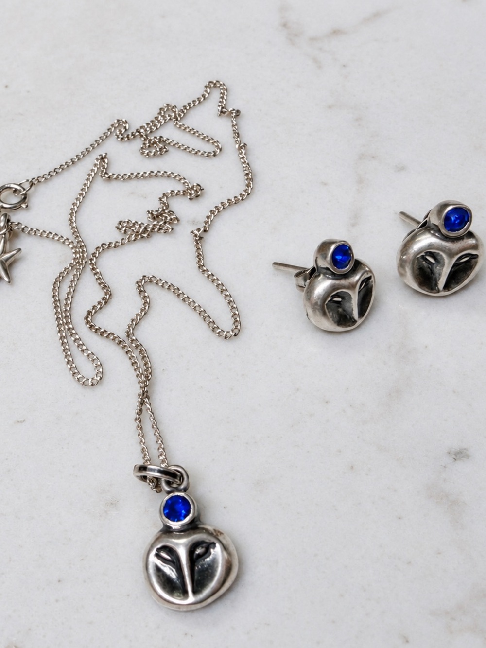 Citlali Joyas S925 Blue Crystal Owl Pendant Necklace and Stud Earrings Set